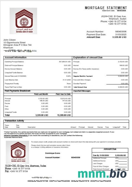 Sudan National Bank wyciąg z kredytu hipotecznego w formatach Word i PDF
